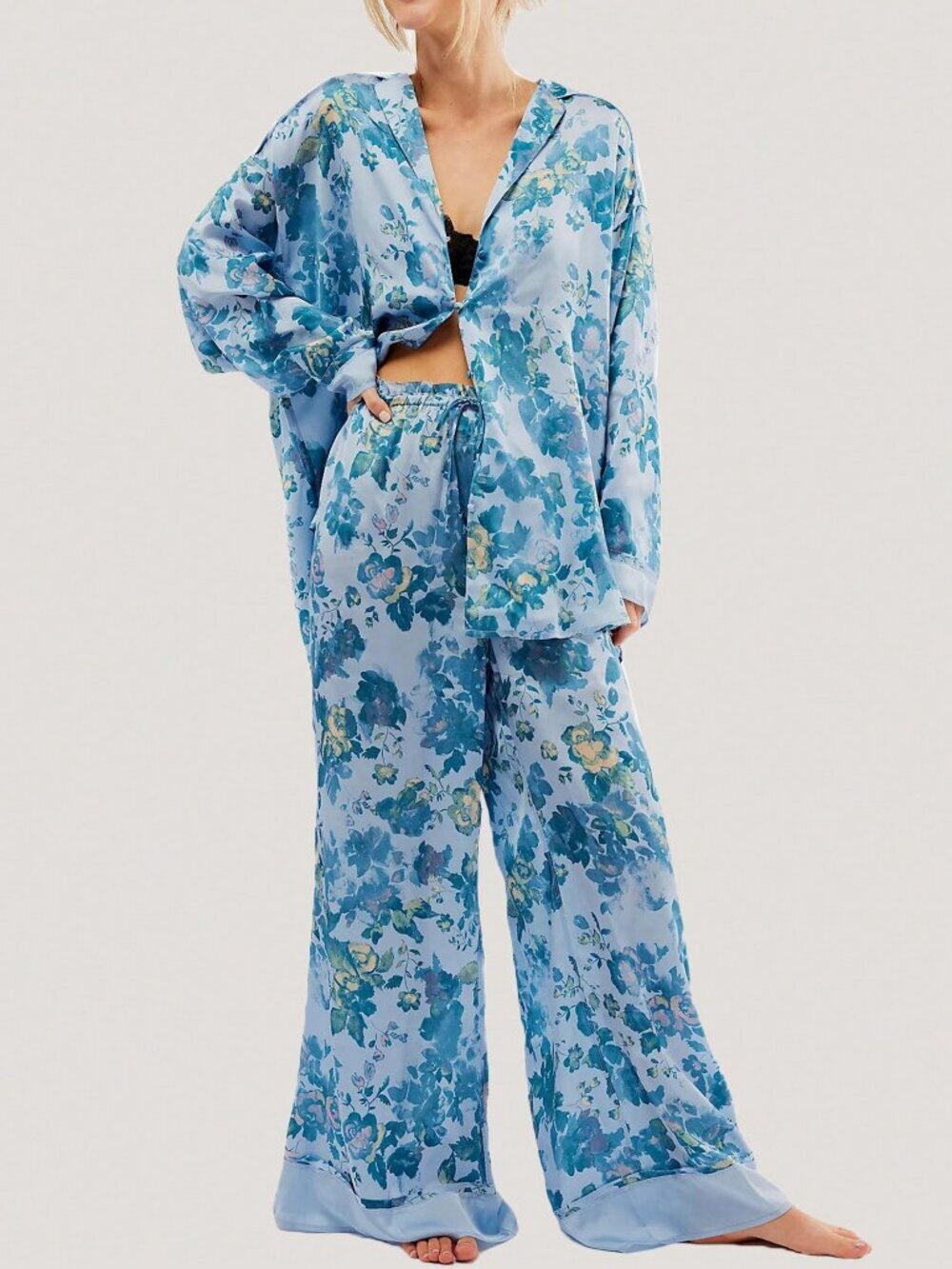 Blue Boho Women's  Long Sleeve Shirt & Wide Leg Pants Pajama Set